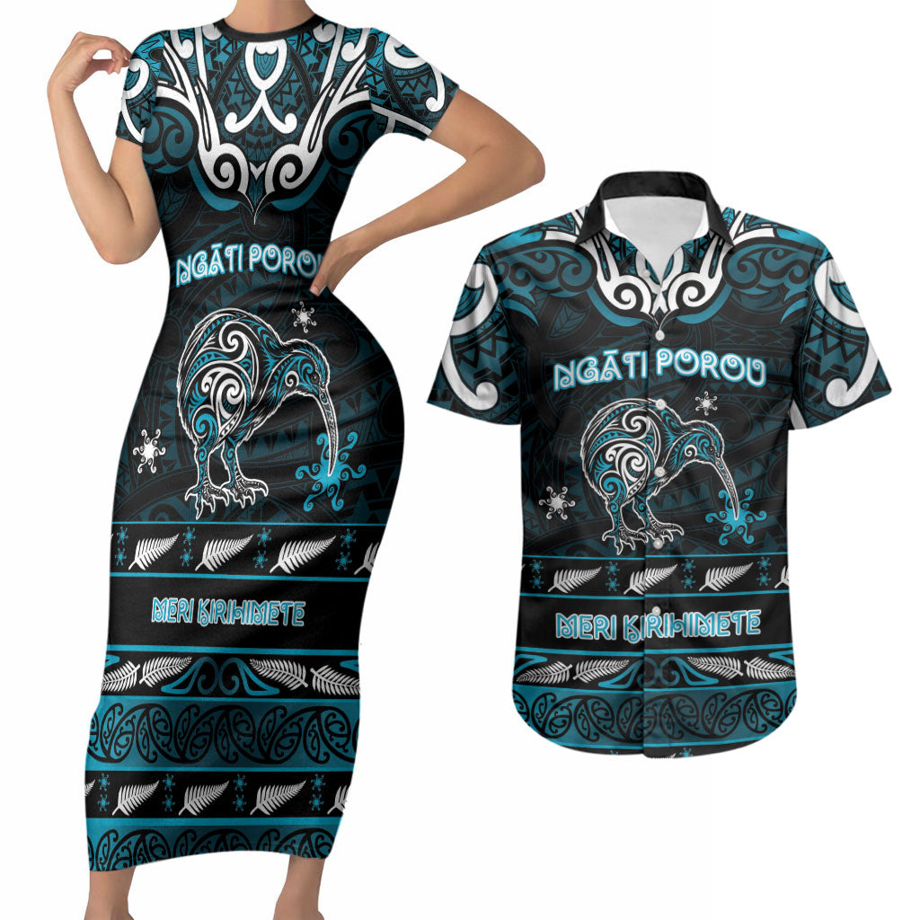Personalised Ngati Porou Aotearoa Meri Kirihimete Couples Matching Short Sleeve Bodycon Dress and Hawaiian Shirt Maori Kiwi Bird Silver Fern Koru Pattern