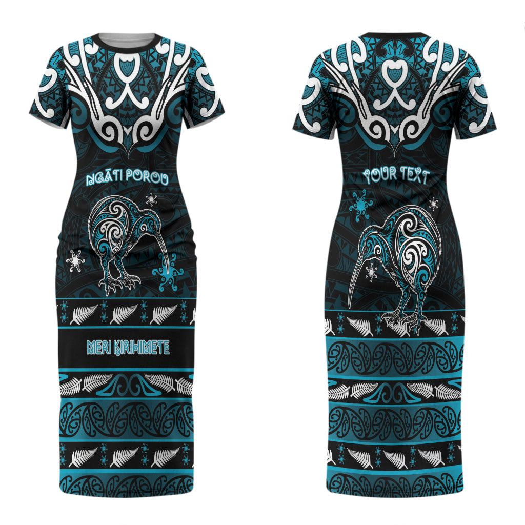 Personalised Ngati Porou Aotearoa Meri Kirihimete Couples Matching Short Sleeve Bodycon Dress and Hawaiian Shirt Maori Kiwi Bird Silver Fern Koru Pattern