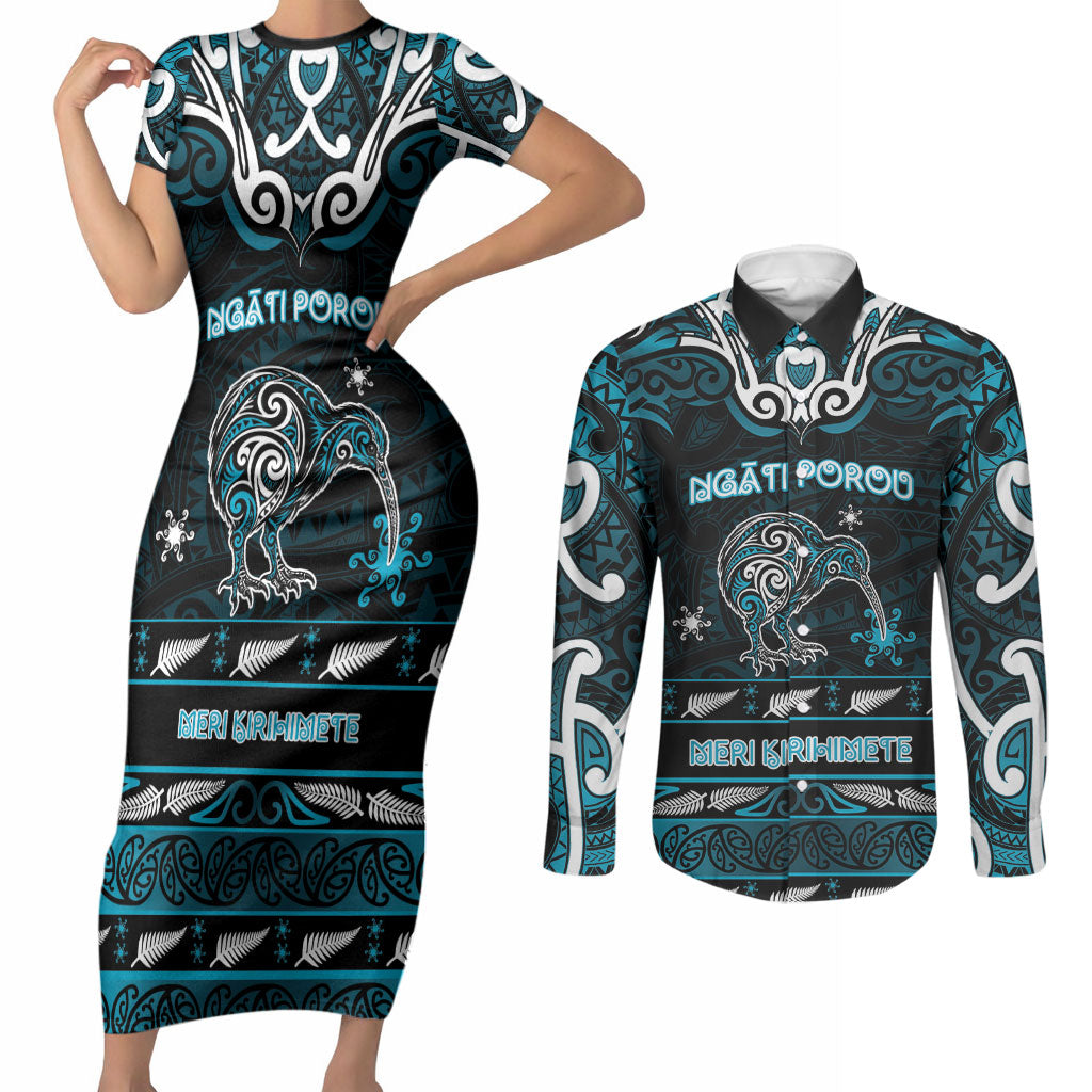 Personalised Ngati Porou Aotearoa Meri Kirihimete Couples Matching Short Sleeve Bodycon Dress and Long Sleeve Button Shirt Maori Kiwi Bird Silver Fern Koru Pattern