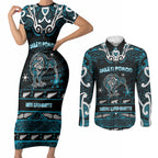 Personalised Ngati Porou Aotearoa Meri Kirihimete Couples Matching Short Sleeve Bodycon Dress and Long Sleeve Button Shirt Maori Kiwi Bird Silver Fern Koru Pattern