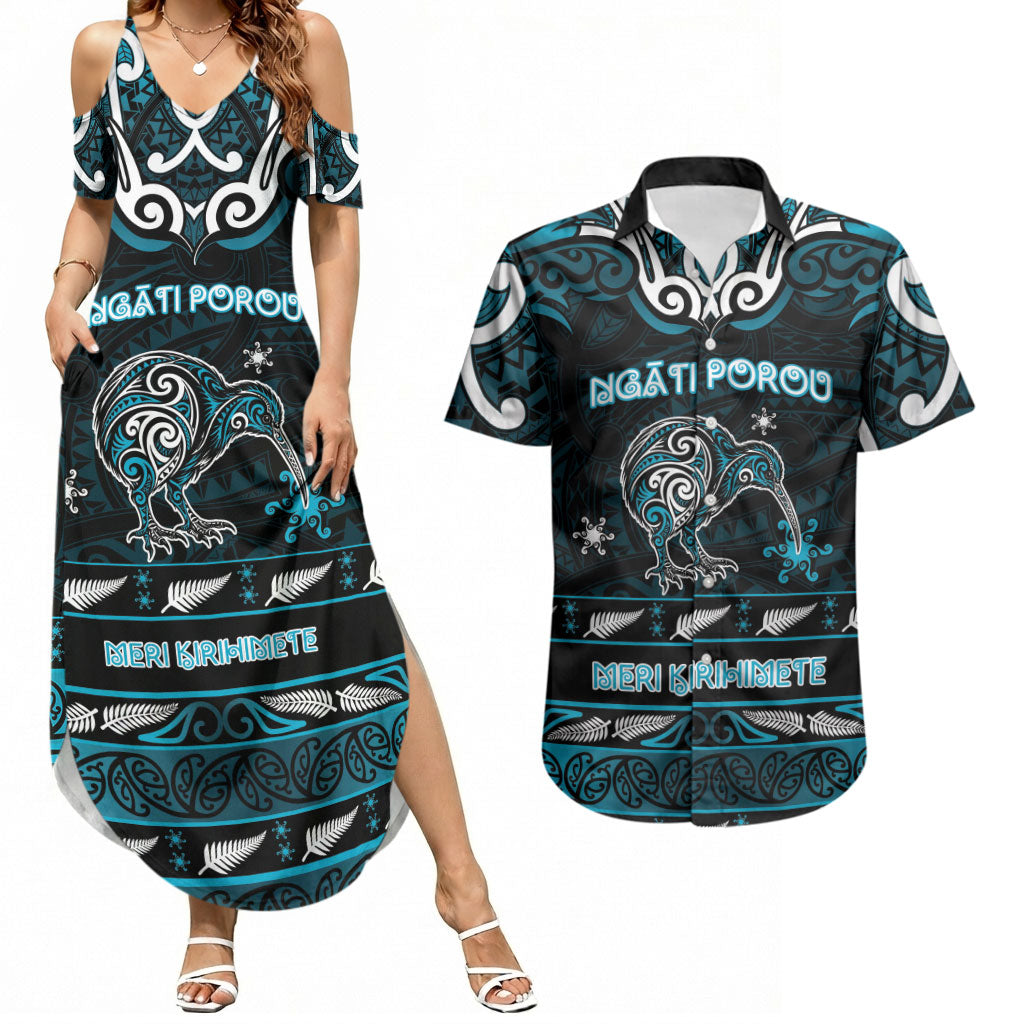 Personalised Ngati Porou Aotearoa Meri Kirihimete Couples Matching Summer Maxi Dress and Hawaiian Shirt Maori Kiwi Bird Silver Fern Koru Pattern