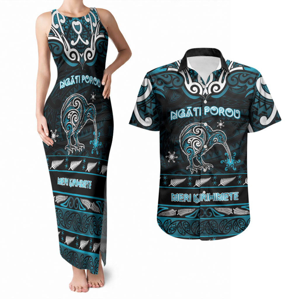 Personalised Ngati Porou Aotearoa Meri Kirihimete Couples Matching Tank Maxi Dress and Hawaiian Shirt Maori Kiwi Bird Silver Fern Koru Pattern