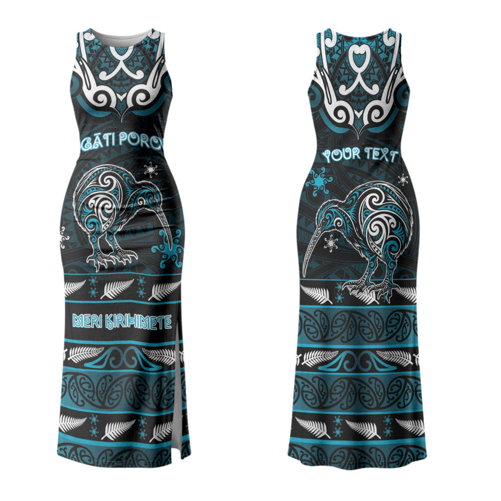 Personalised Ngati Porou Aotearoa Meri Kirihimete Couples Matching Tank Maxi Dress and Long Sleeve Button Shirt Maori Kiwi Bird Silver Fern Koru Pattern