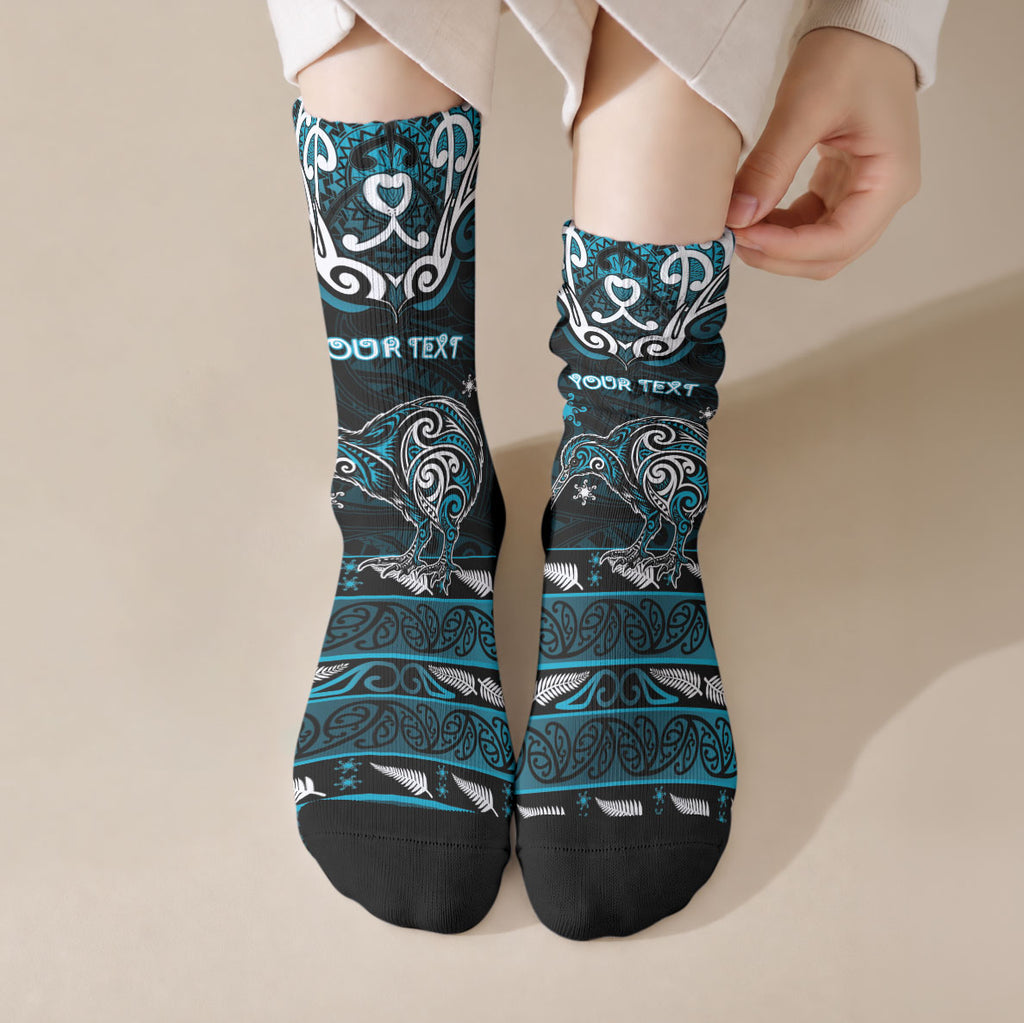 Personalised Ngati Porou Aotearoa Meri Kirihimete Crew Socks Maori Kiwi Bird Silver Fern Koru Pattern