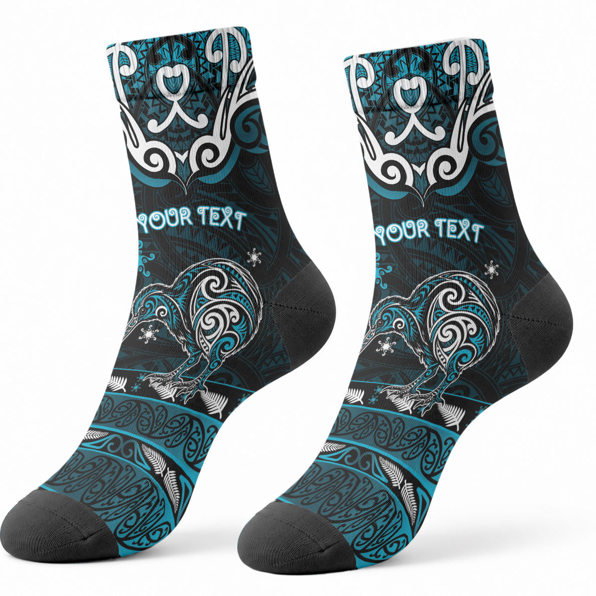 Personalised Ngati Porou Aotearoa Meri Kirihimete Crew Socks Maori Kiwi Bird Silver Fern Koru Pattern