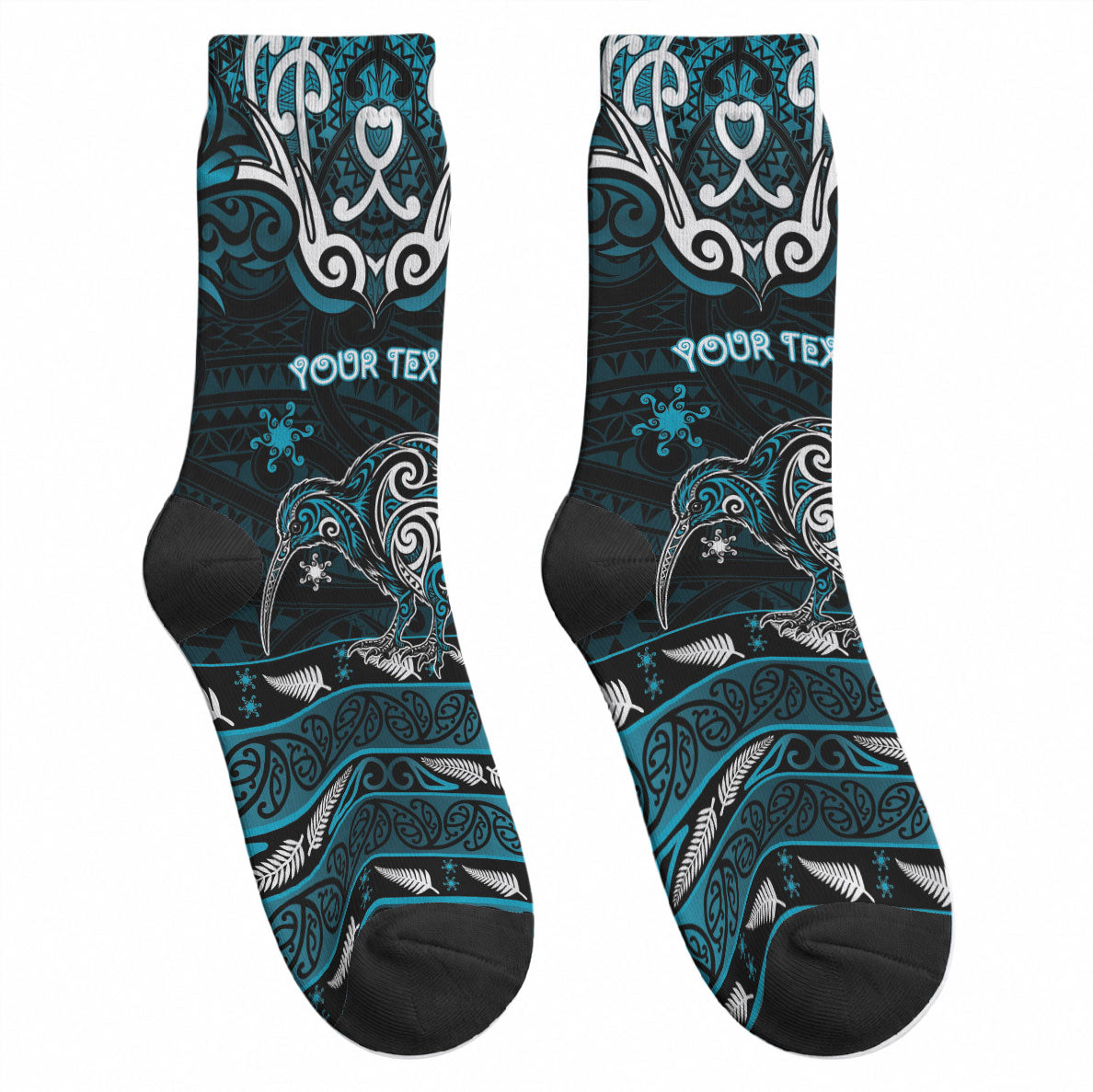 Personalised Ngati Porou Aotearoa Meri Kirihimete Crew Socks Maori Kiwi Bird Silver Fern Koru Pattern