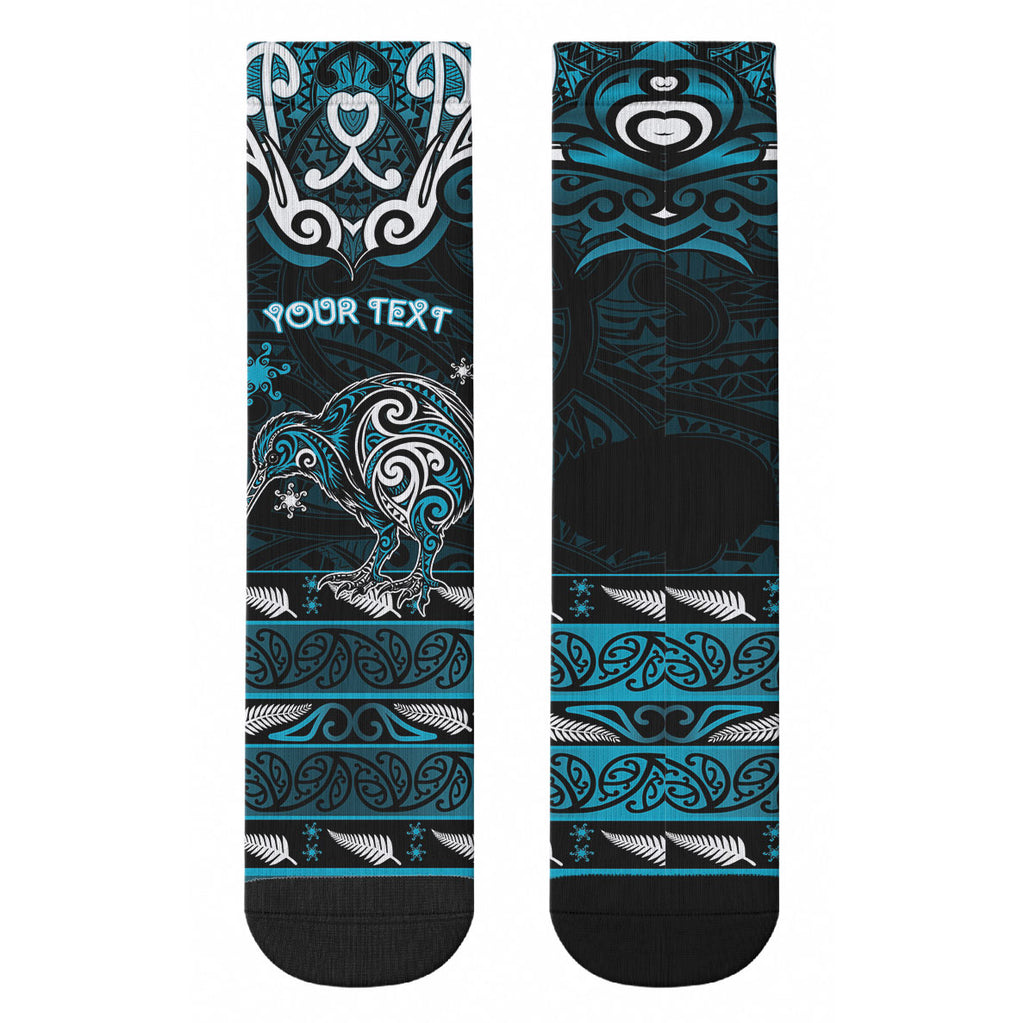 Personalised Ngati Porou Aotearoa Meri Kirihimete Crew Socks Maori Kiwi Bird Silver Fern Koru Pattern