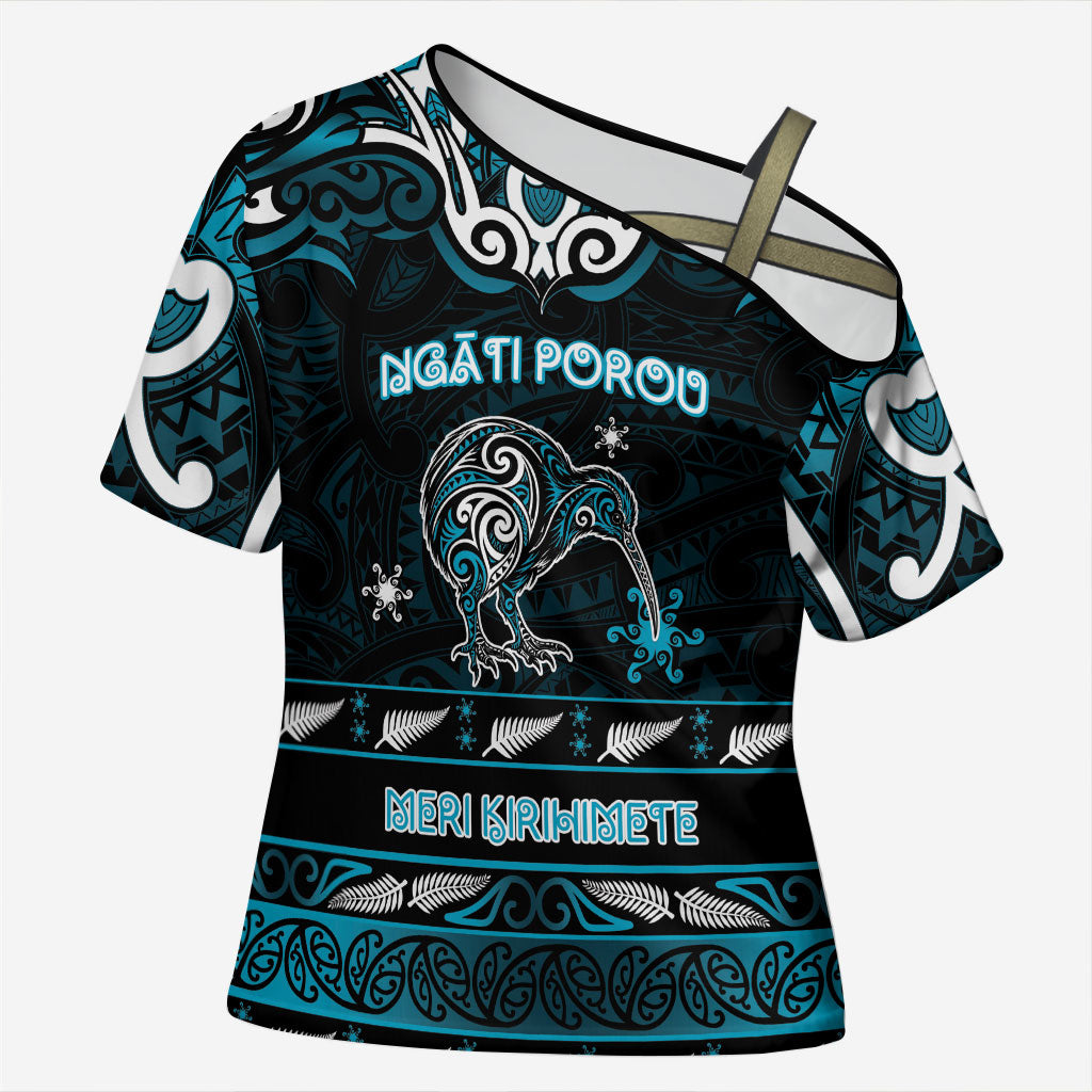 Personalised Ngati Porou Aotearoa Meri Kirihimete Cross Shoulder Shirt Maori Kiwi Bird Silver Fern Koru Pattern