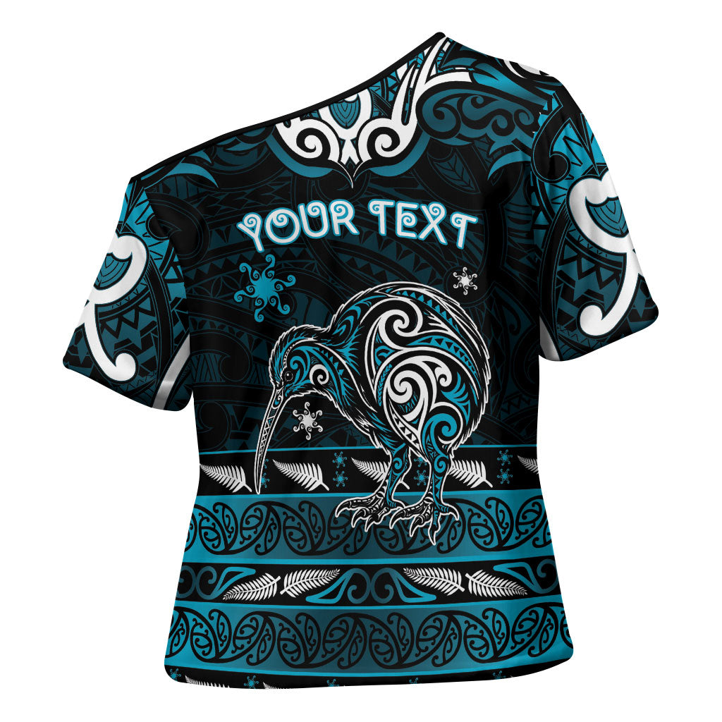 Personalised Ngati Porou Aotearoa Meri Kirihimete Cross Shoulder Shirt Maori Kiwi Bird Silver Fern Koru Pattern