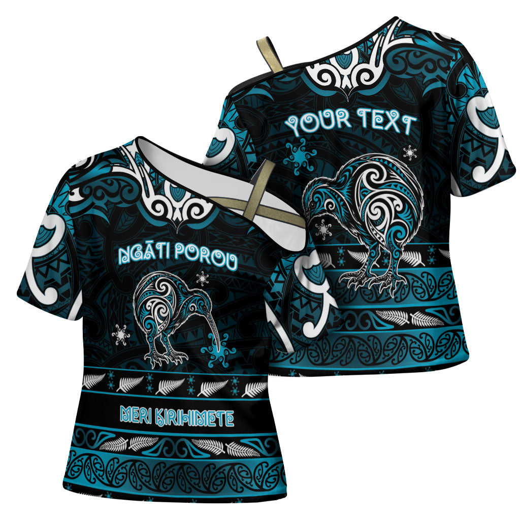 Personalised Ngati Porou Aotearoa Meri Kirihimete Cross Shoulder Shirt Maori Kiwi Bird Silver Fern Koru Pattern