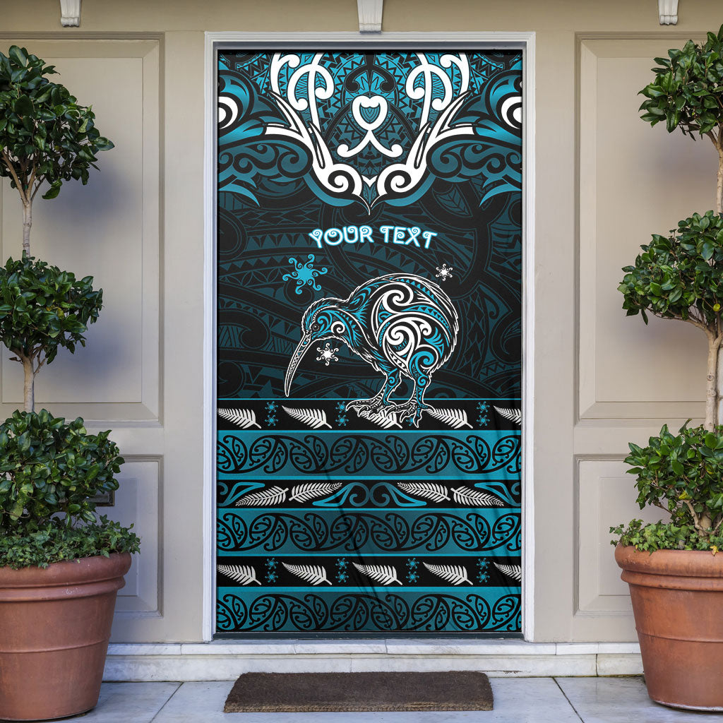 Personalised Ngati Porou Aotearoa Meri Kirihimete Door Cover Maori Kiwi Bird Silver Fern Koru Pattern