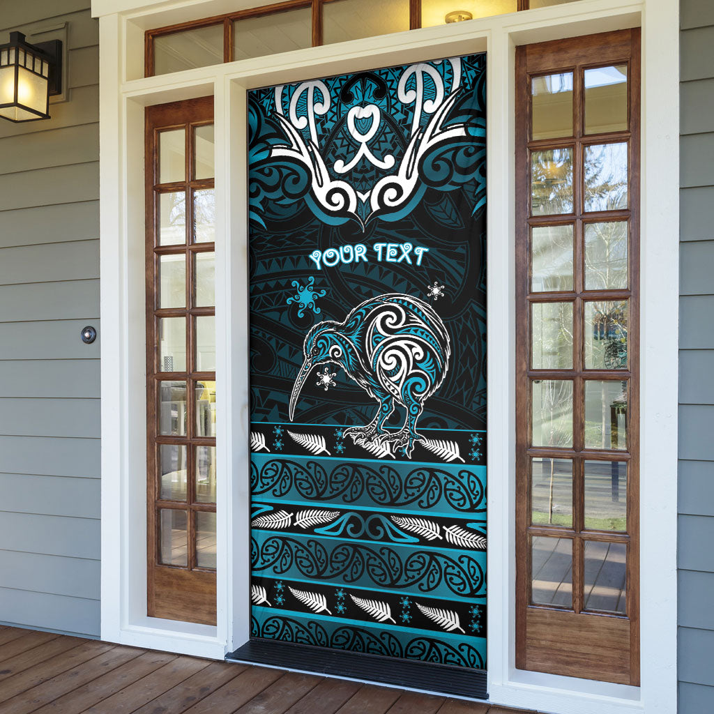Personalised Ngati Porou Aotearoa Meri Kirihimete Door Cover Maori Kiwi Bird Silver Fern Koru Pattern
