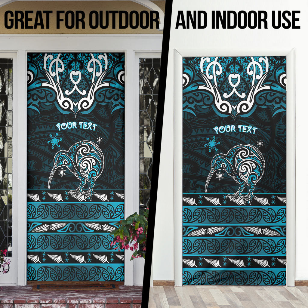 Personalised Ngati Porou Aotearoa Meri Kirihimete Door Cover Maori Kiwi Bird Silver Fern Koru Pattern