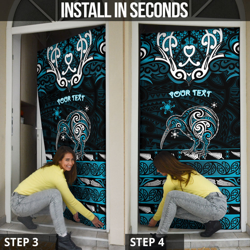 Personalised Ngati Porou Aotearoa Meri Kirihimete Door Cover Maori Kiwi Bird Silver Fern Koru Pattern