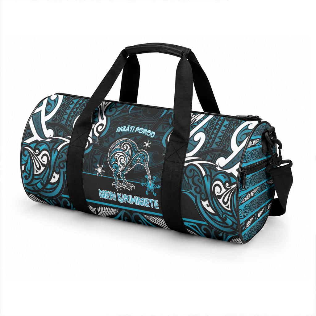 Ngati Porou Aotearoa Meri Kirihimete Duffle Bag Maori Kiwi Bird Silver Fern Koru Pattern