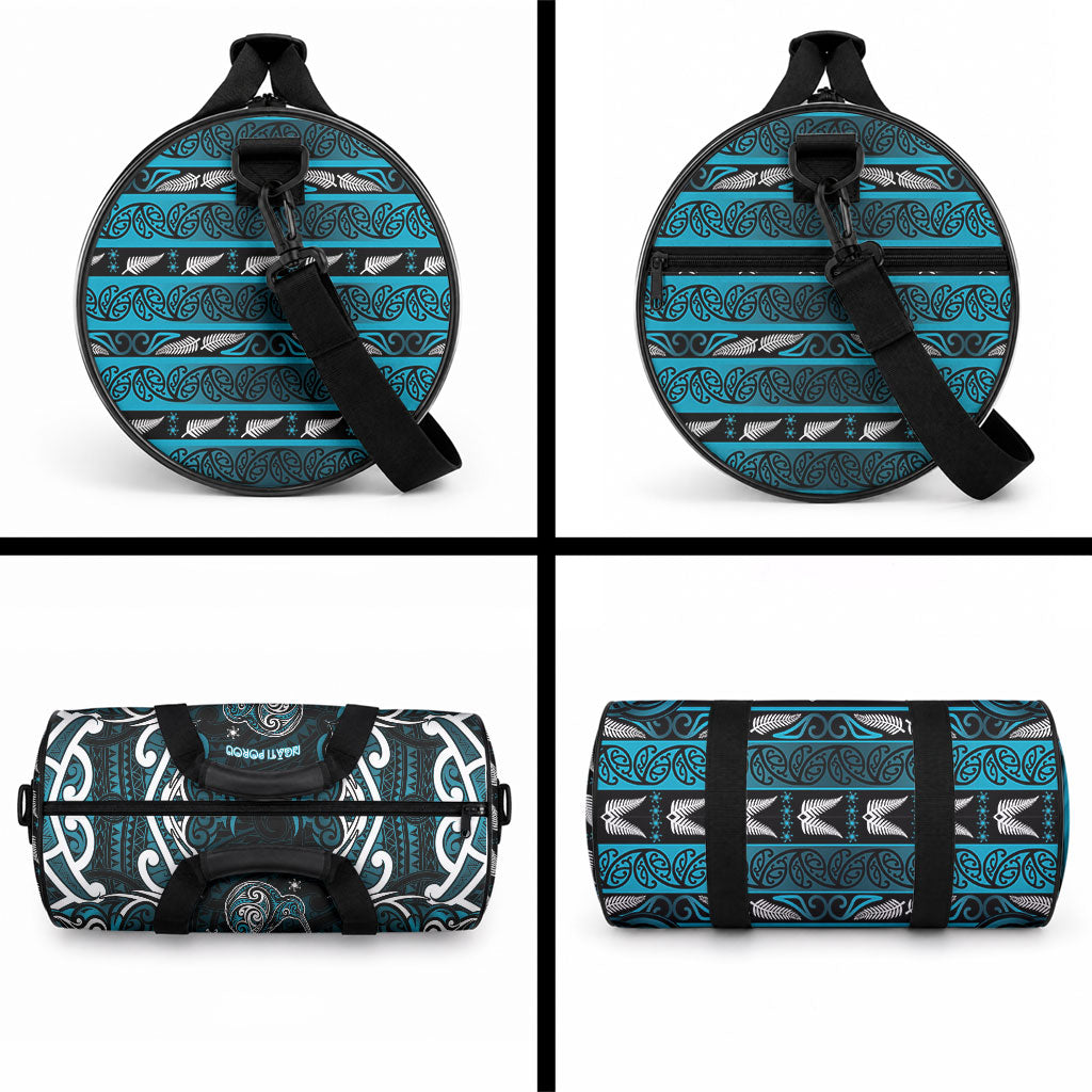 Ngati Porou Aotearoa Meri Kirihimete Duffle Bag Maori Kiwi Bird Silver Fern Koru Pattern
