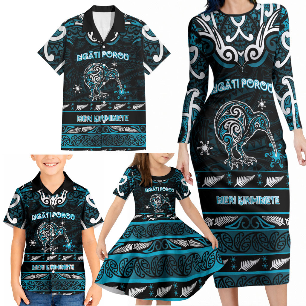 Personalised Ngati Porou Aotearoa Meri Kirihimete Family Matching Long Sleeve Bodycon Dress and Hawaiian Shirt Maori Kiwi Bird Silver Fern Koru Pattern
