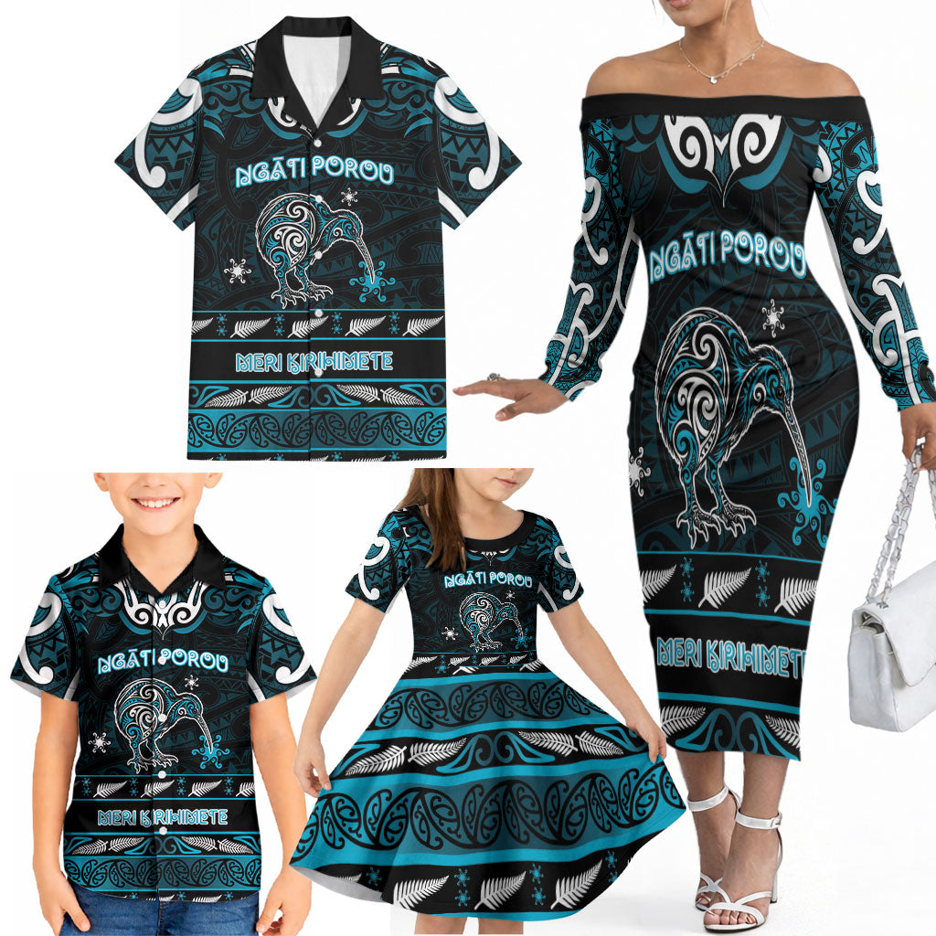 Personalised Ngati Porou Aotearoa Meri Kirihimete Family Matching Off The Shoulder Long Sleeve Dress and Hawaiian Shirt Maori Kiwi Bird Silver Fern Koru Pattern