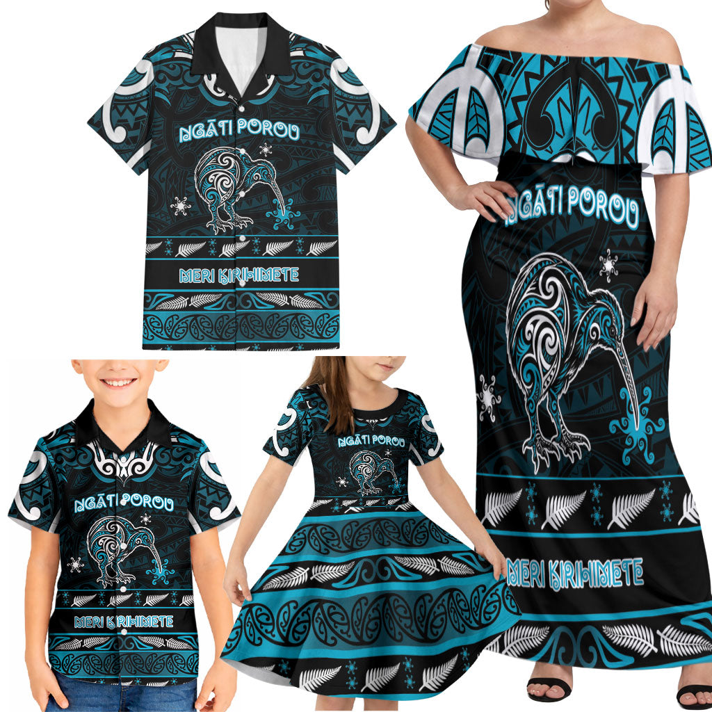 Personalised Ngati Porou Aotearoa Meri Kirihimete Family Matching Off Shoulder Maxi Dress and Hawaiian Shirt Maori Kiwi Bird Silver Fern Koru Pattern
