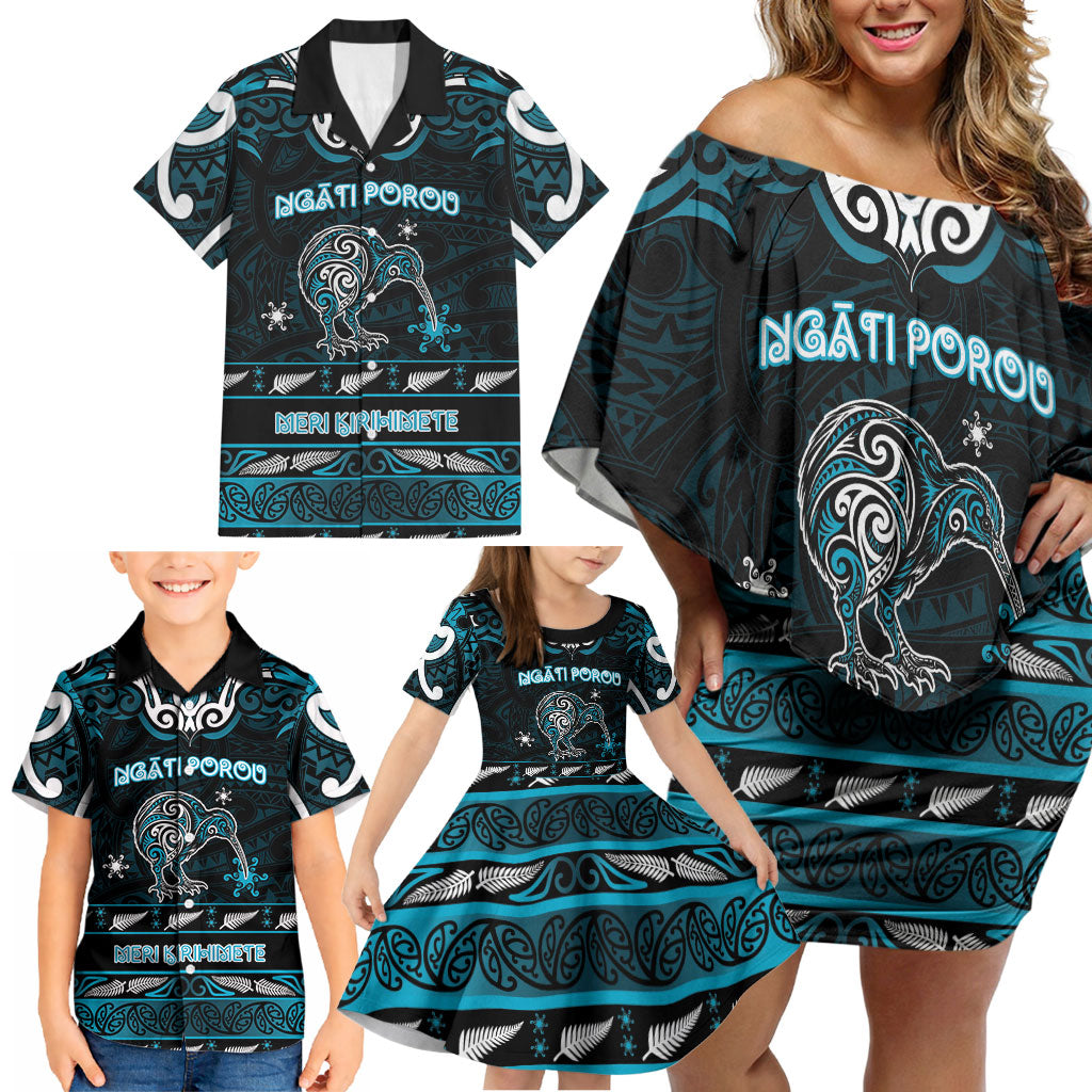 Personalised Ngati Porou Aotearoa Meri Kirihimete Family Matching Off Shoulder Short Dress and Hawaiian Shirt Maori Kiwi Bird Silver Fern Koru Pattern