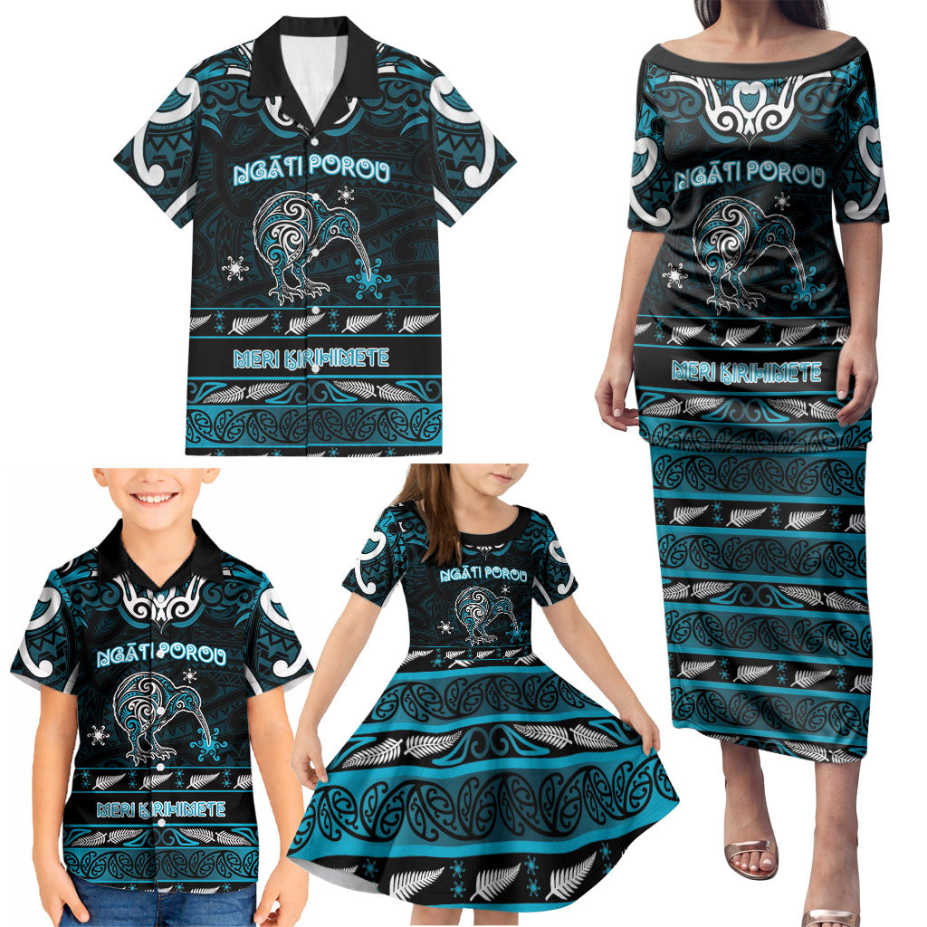 Personalised Ngati Porou Aotearoa Meri Kirihimete Family Matching Puletasi and Hawaiian Shirt Maori Kiwi Bird Silver Fern Koru Pattern