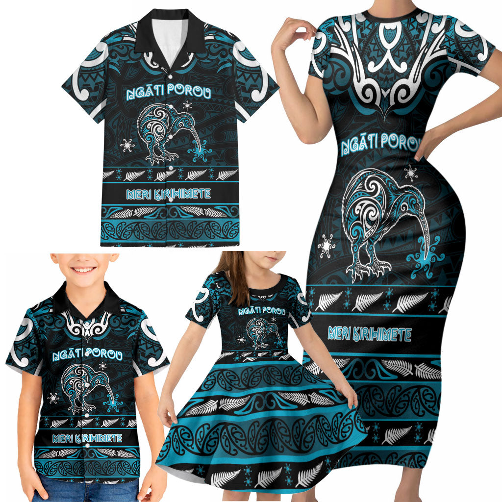 Personalised Ngati Porou Aotearoa Meri Kirihimete Family Matching Short Sleeve Bodycon Dress and Hawaiian Shirt Maori Kiwi Bird Silver Fern Koru Pattern
