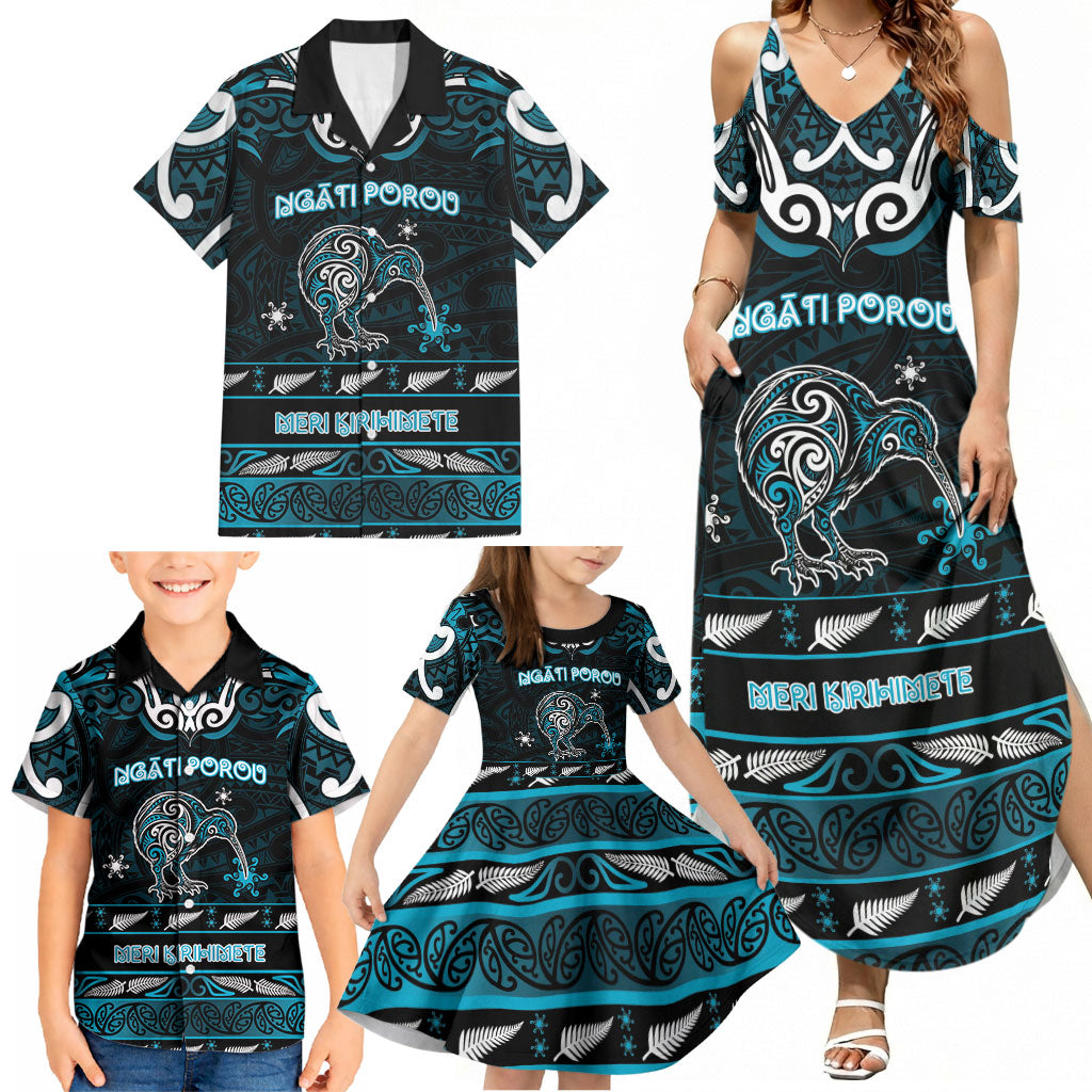 Personalised Ngati Porou Aotearoa Meri Kirihimete Family Matching Summer Maxi Dress and Hawaiian Shirt Maori Kiwi Bird Silver Fern Koru Pattern