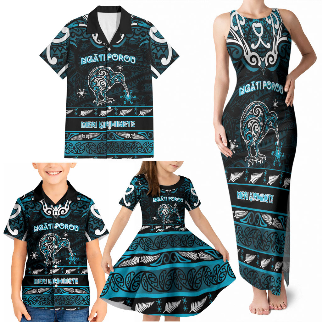 Personalised Ngati Porou Aotearoa Meri Kirihimete Family Matching Tank Maxi Dress and Hawaiian Shirt Maori Kiwi Bird Silver Fern Koru Pattern