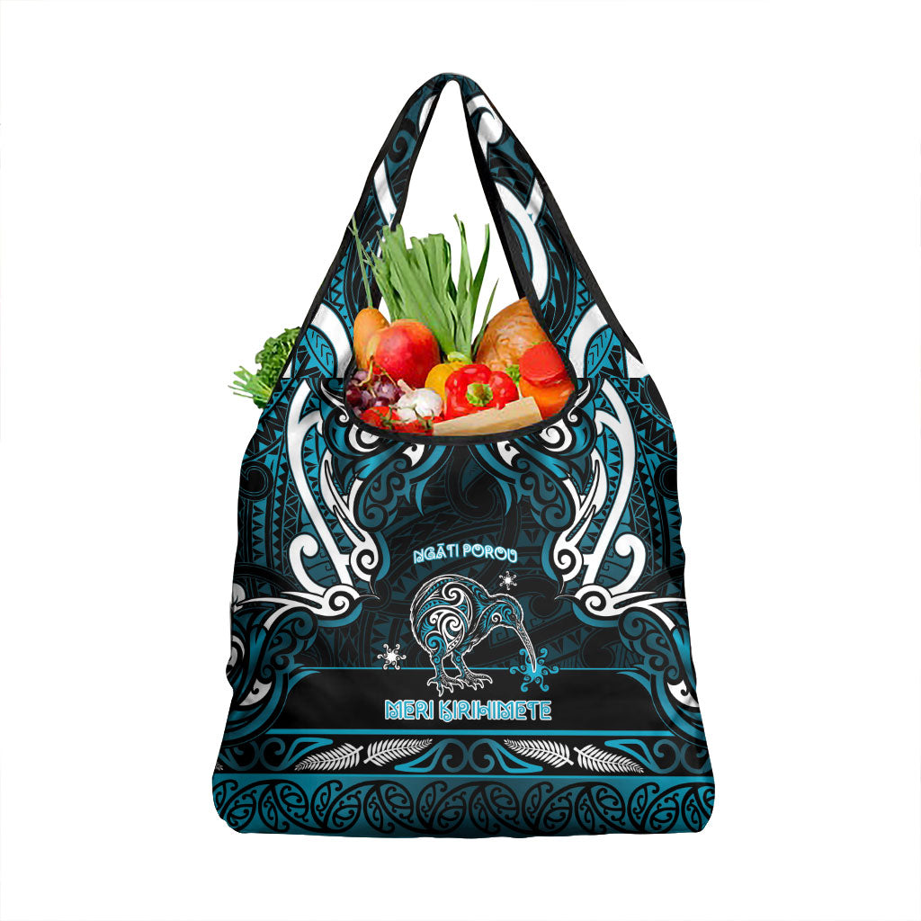 Ngati Porou Aotearoa Meri Kirihimete Grocery Bag Maori Kiwi Bird Silver Fern Koru Pattern