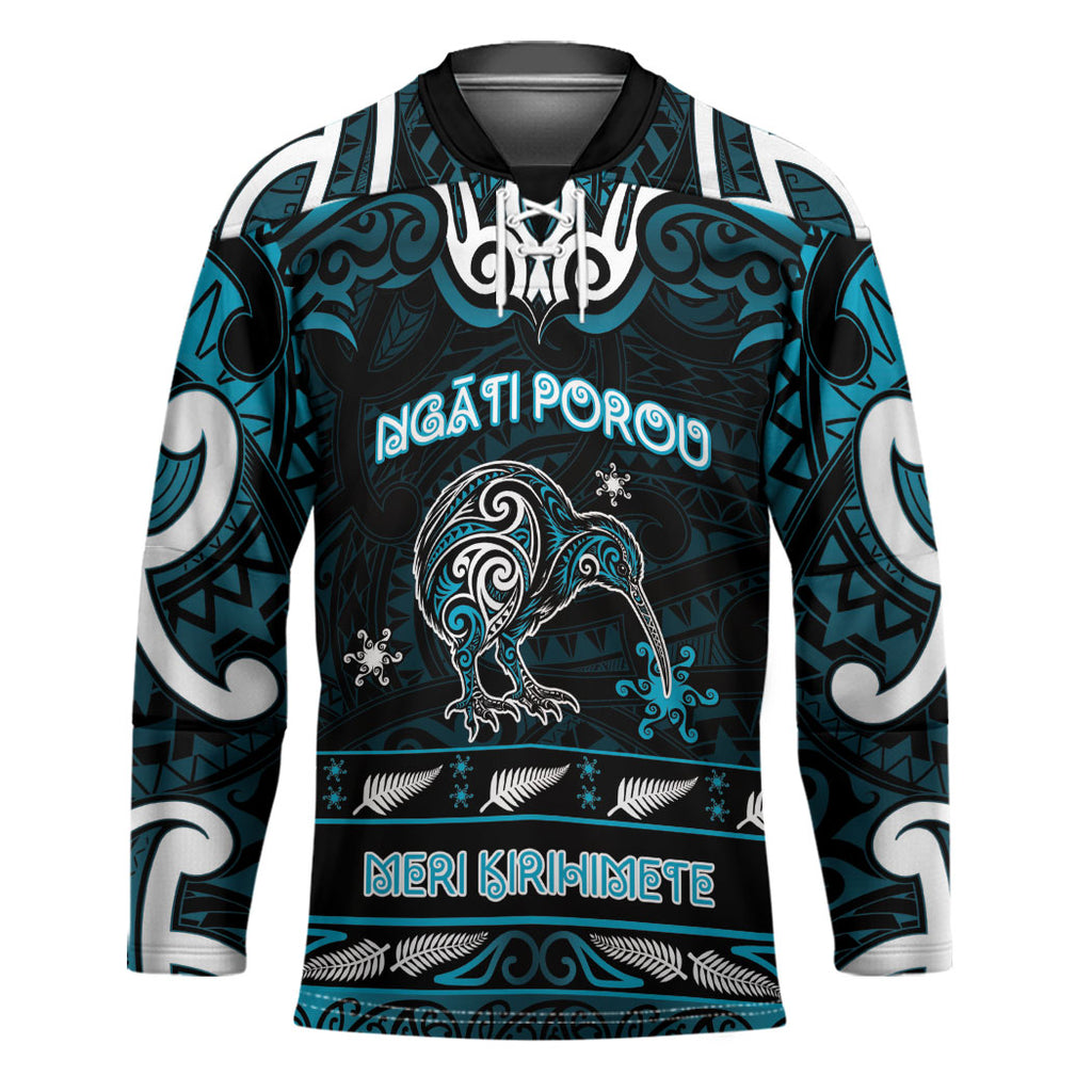 Personalised Ngati Porou Aotearoa Meri Kirihimete Hockey Jersey Maori Kiwi Bird Silver Fern Koru Pattern