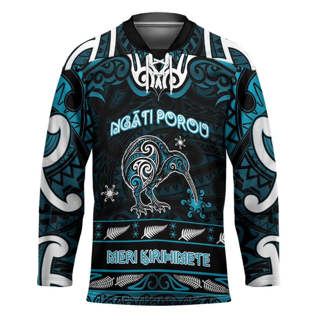 Personalised Ngati Porou Aotearoa Meri Kirihimete Hockey Jersey Maori Kiwi Bird Silver Fern Koru Pattern