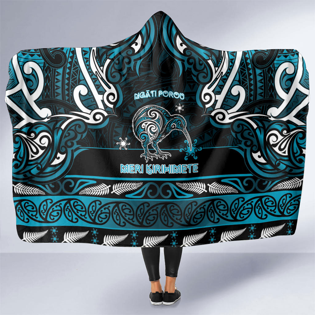 Ngati Porou Aotearoa Meri Kirihimete Hooded Blanket Maori Kiwi Bird Silver Fern Koru Pattern