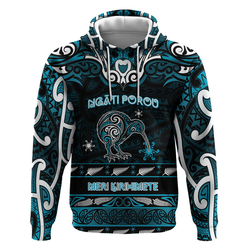 Personalised Ngati Porou Aotearoa Meri Kirihimete Hoodie Maori Kiwi Bird Silver Fern Koru Pattern