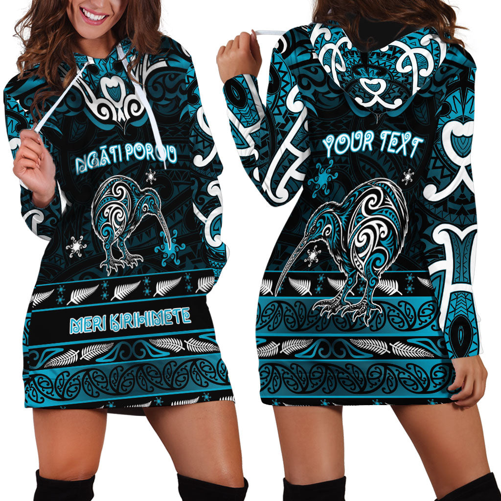 Personalised Ngati Porou Aotearoa Meri Kirihimete Hoodie Dress Maori Kiwi Bird Silver Fern Koru Pattern