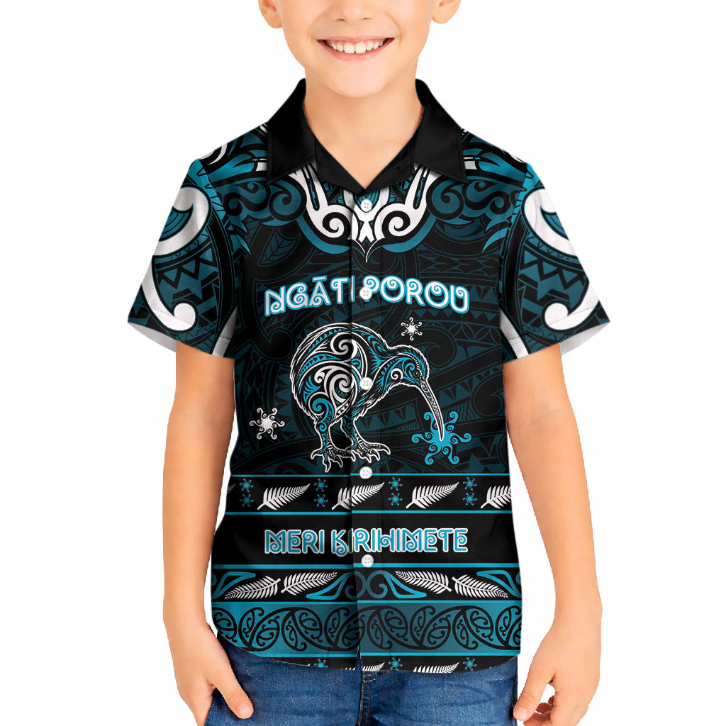 Personalised Ngati Porou Aotearoa Meri Kirihimete Kid Hawaiian Shirt Maori Kiwi Bird Silver Fern Koru Pattern