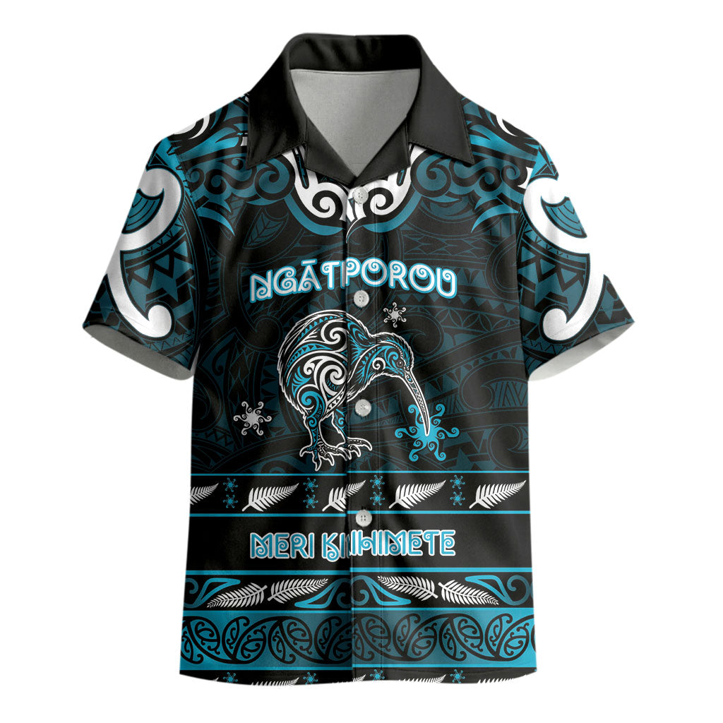 Personalised Ngati Porou Aotearoa Meri Kirihimete Kid Hawaiian Shirt Maori Kiwi Bird Silver Fern Koru Pattern
