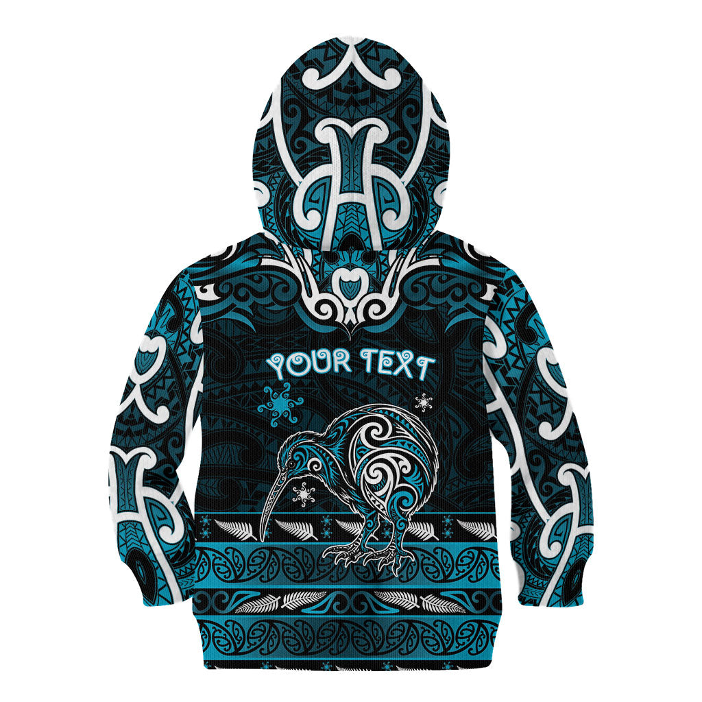 Personalised Ngati Porou Aotearoa Meri Kirihimete Kid Hoodie Maori Kiwi Bird Silver Fern Koru Pattern