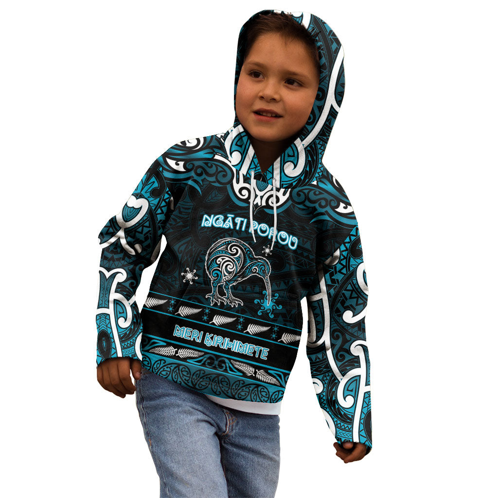 Personalised Ngati Porou Aotearoa Meri Kirihimete Kid Hoodie Maori Kiwi Bird Silver Fern Koru Pattern