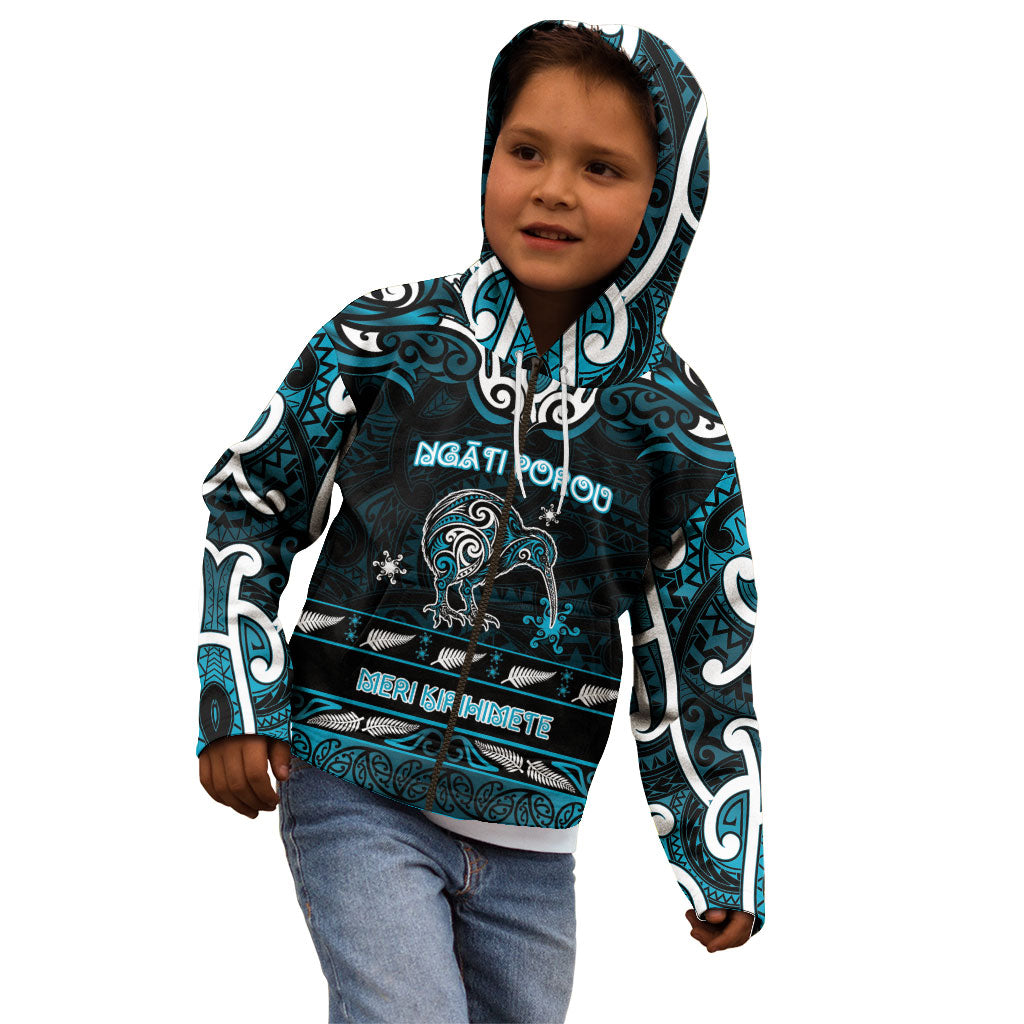 Personalised Ngati Porou Aotearoa Meri Kirihimete Kid Hoodie Maori Kiwi Bird Silver Fern Koru Pattern