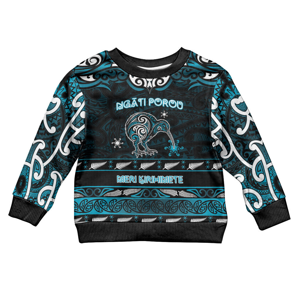 Personalised Ngati Porou Aotearoa Meri Kirihimete Kid Ugly Christmas Sweater Maori Kiwi Bird Silver Fern Koru Pattern