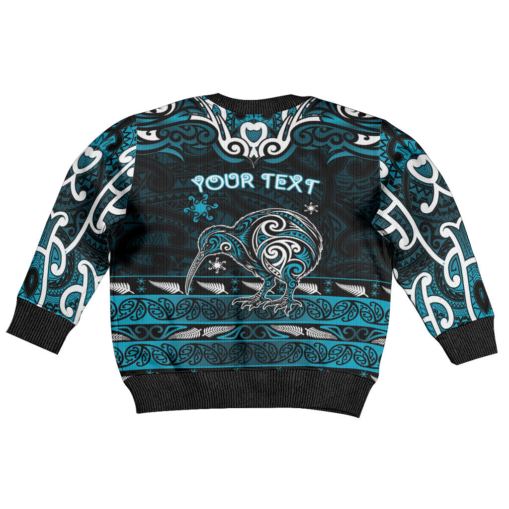 Personalised Ngati Porou Aotearoa Meri Kirihimete Kid Ugly Christmas Sweater Maori Kiwi Bird Silver Fern Koru Pattern
