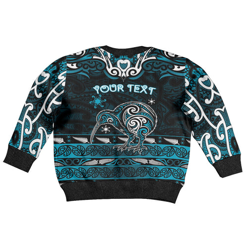 Personalised Ngati Porou Aotearoa Meri Kirihimete Kid Ugly Christmas Sweater Maori Kiwi Bird Silver Fern Koru Pattern