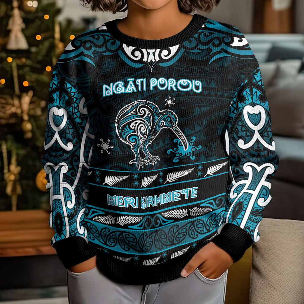 Personalised Ngati Porou Aotearoa Meri Kirihimete Kid Ugly Christmas Sweater Maori Kiwi Bird Silver Fern Koru Pattern