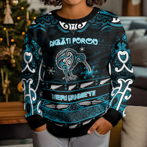 Personalised Ngati Porou Aotearoa Meri Kirihimete Kid Ugly Christmas Sweater Maori Kiwi Bird Silver Fern Koru Pattern