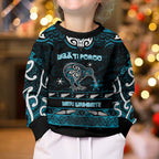 Personalised Ngati Porou Aotearoa Meri Kirihimete Kid Ugly Christmas Sweater Maori Kiwi Bird Silver Fern Koru Pattern