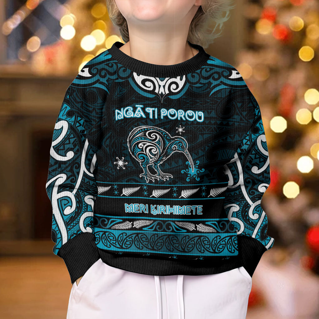 Personalised Ngati Porou Aotearoa Meri Kirihimete Kid Ugly Christmas Sweater Maori Kiwi Bird Silver Fern Koru Pattern