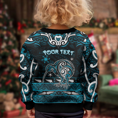 Personalised Ngati Porou Aotearoa Meri Kirihimete Kid Ugly Christmas Sweater Maori Kiwi Bird Silver Fern Koru Pattern