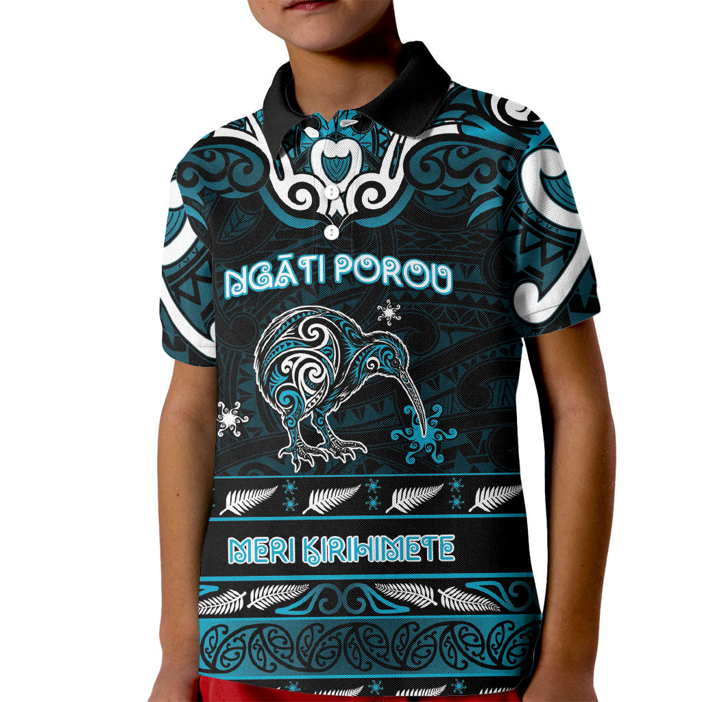 Personalised Ngati Porou Aotearoa Meri Kirihimete Kid Polo Shirt Maori Kiwi Bird Silver Fern Koru Pattern