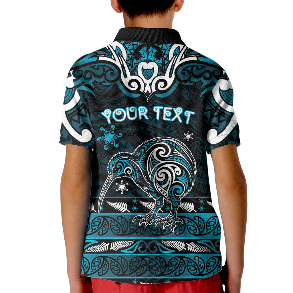 Personalised Ngati Porou Aotearoa Meri Kirihimete Kid Polo Shirt Maori Kiwi Bird Silver Fern Koru Pattern