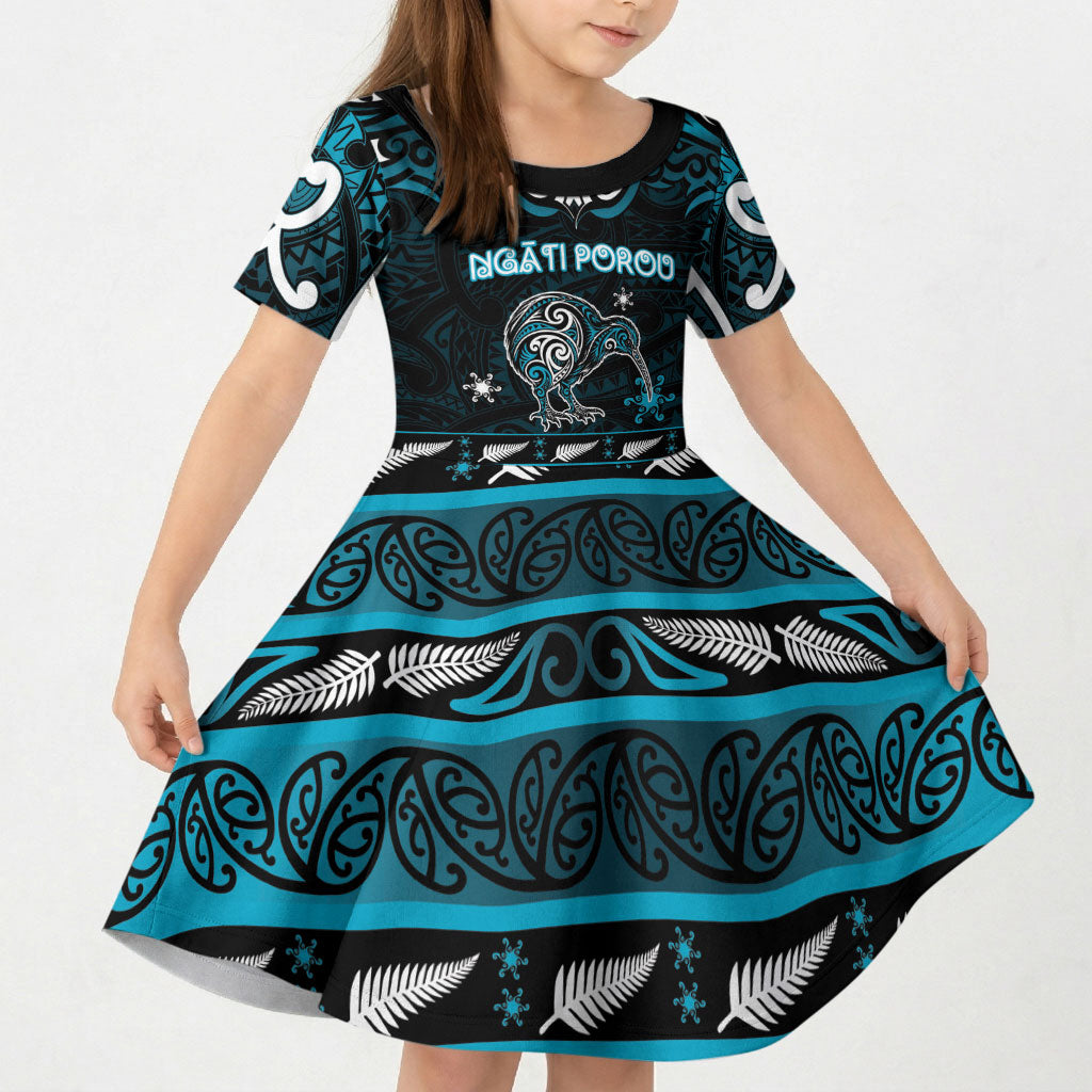 Personalised Ngati Porou Aotearoa Meri Kirihimete Kid Short Sleeve Dress Maori Kiwi Bird Silver Fern Koru Pattern